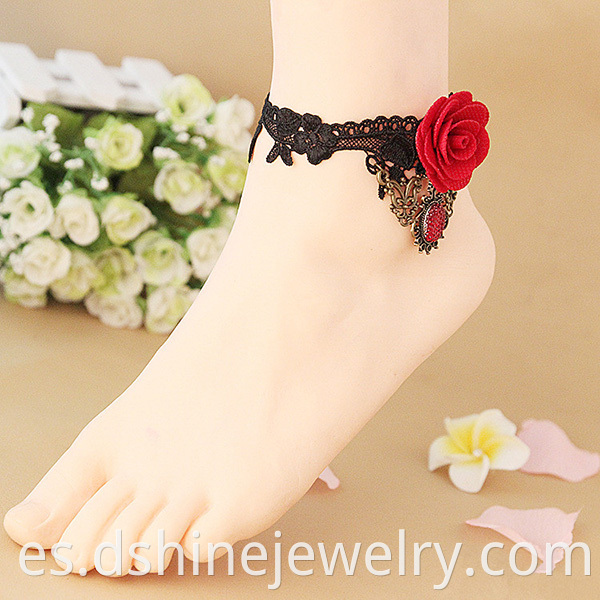 Gothic Style Foot Jewelry With Red Rose